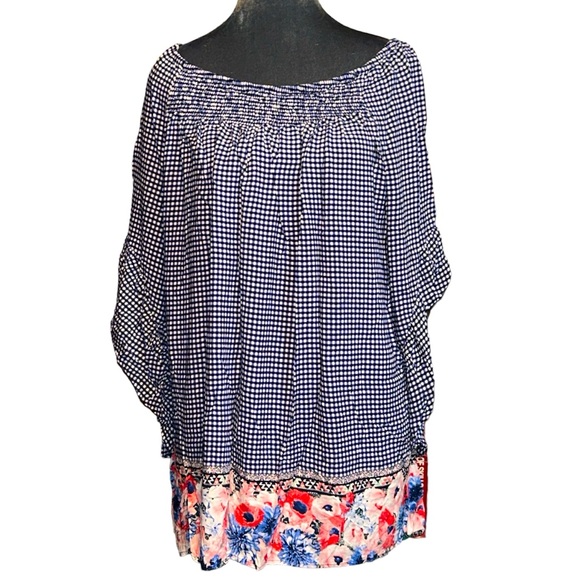 Terra & sky lightweight flowy country checks and flowers ruffle sleeves - Picture 1 of 4